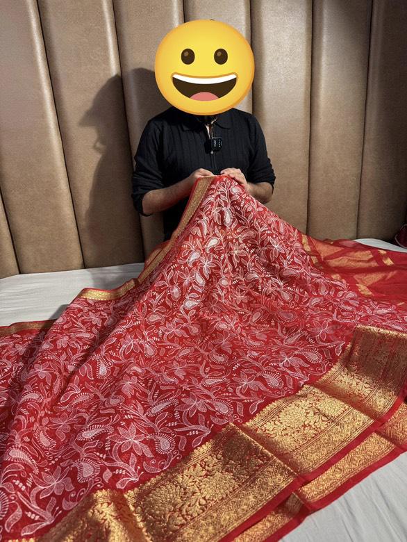 Traditional Linen Festival Saree - Front View
