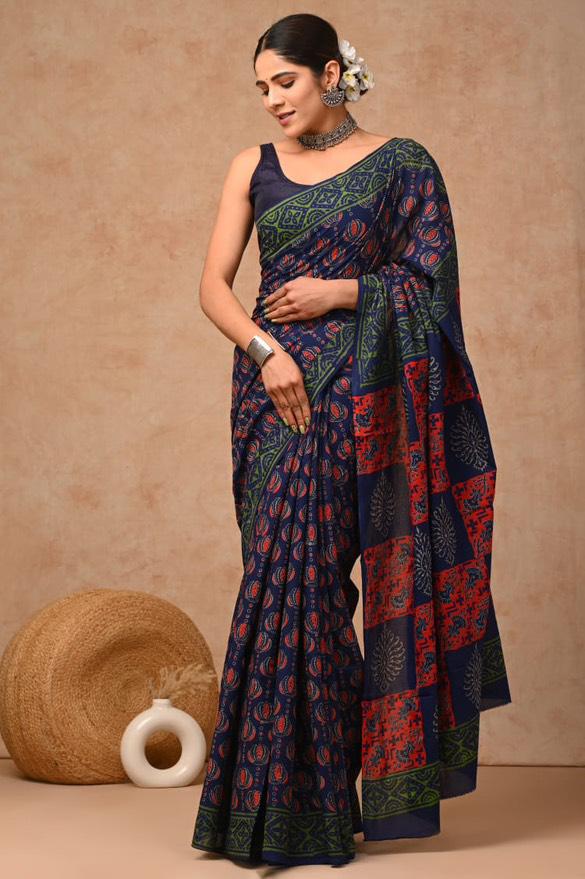 Traditional Linen Festival Saree - Front View