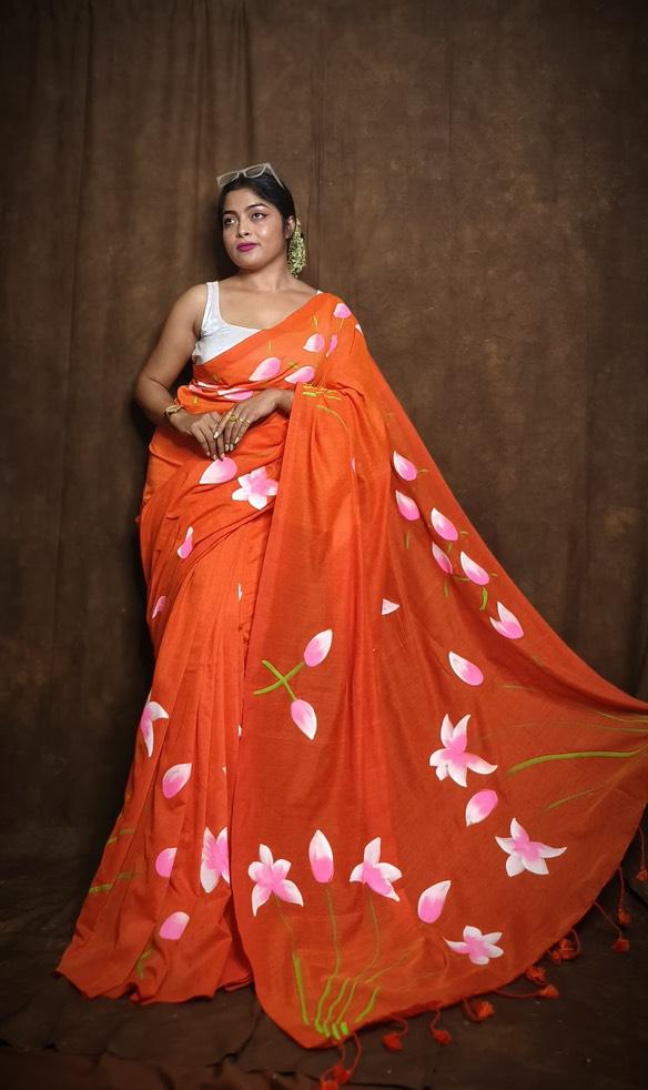 Traditional Linen Festival Saree - Front View