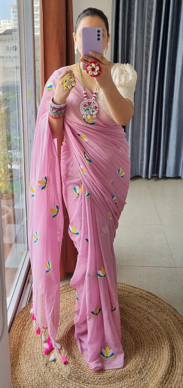Mul Cotton Embroidery Saree - Front View