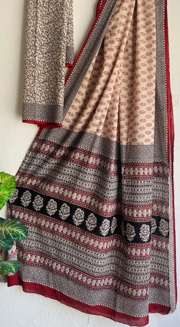 Hand Block Printed Cotton Mul Saree - Detail View