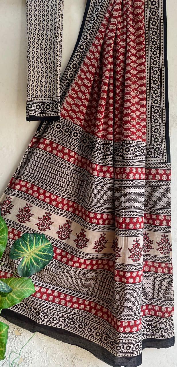 Hand Block Printed Cotton Mul Saree - Front View