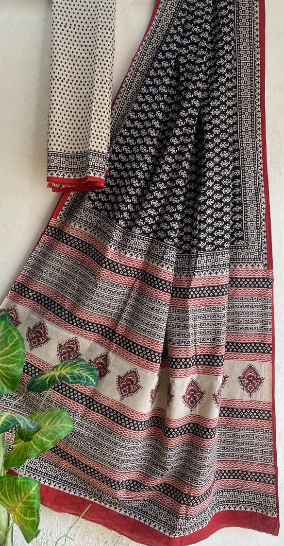 Hand Block Printed Cotton Mul Saree - Front View