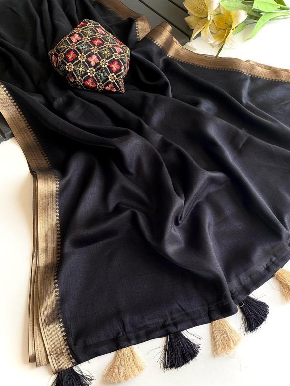 Cotton Tussar Saree with Embroidered Blouse - Detail View