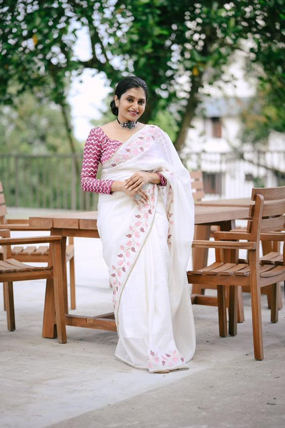 Traditional Linen Festival Saree - Detail View